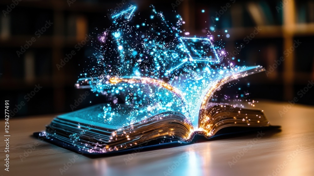 Aufkleber glowing open book emanating cosmic light and energy in night sky with stars and galaxy in the backgr