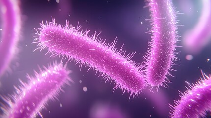 A highly detailed microscopic close up of rod shaped bacilli bacteria glowing under natural light with a refined and scientific appearance in a medium shot