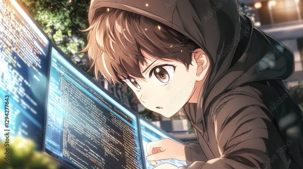 Poster young male tech expert intently focused on cracking complex computer code and data displayed on mult