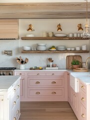 Modern pink kitchen with shelves showing cookware and home decor