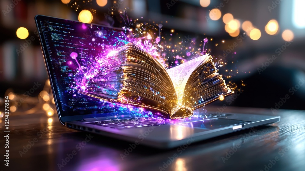 Poster glowing laptop emitting a captivating light symbolizing the power of digital technology to unlock kn