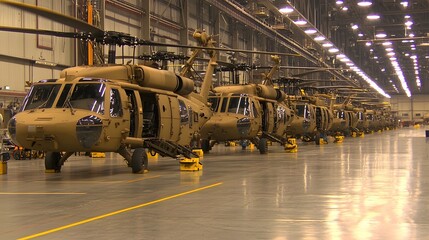 A line of advanced combat helicopters parked inside a vast military hangar showcasing sophisticated engineering with exposed steel beams powerful industrial lighting