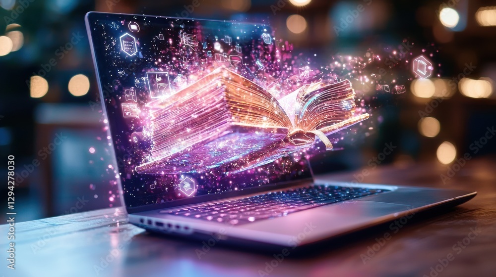 Poster magical laptop unleashing the power of digital learning and imagination a captivating depicting a la
