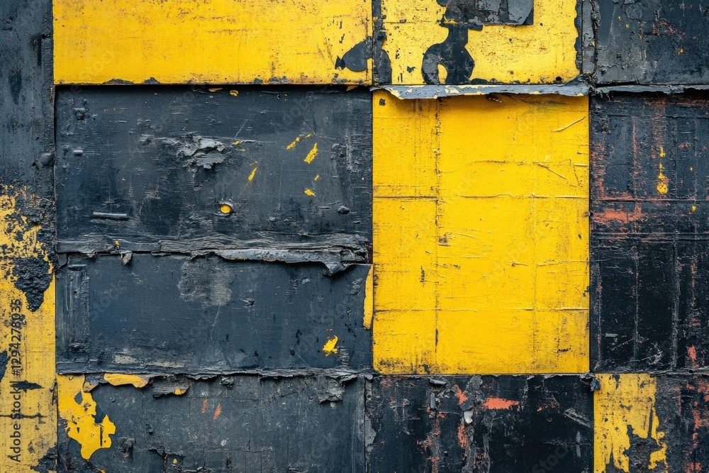 Poster geometric harmony of yellow and black squares in an abstract composition with distressed texture and