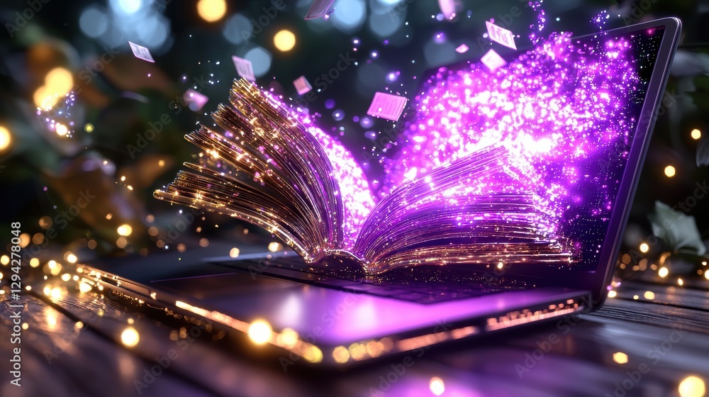 Poster glowing open book emanating magical sparkling light on dark background concept of knowledge wisdom e