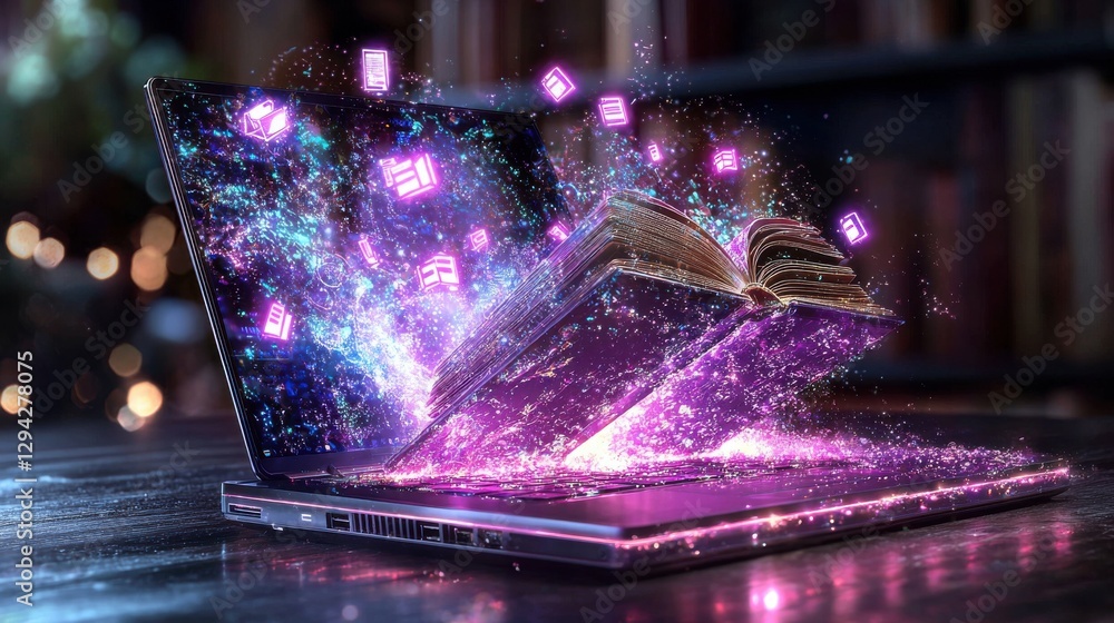 Poster glowing laptop with floating shimmering book pages emerges from the screen symbolizing the boundless