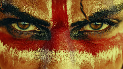 Naklejka premium War Paint Stare: A close-up shot of a person's face is dominated by intense eyes and striking war paint, evoking a sense of power and readiness. 