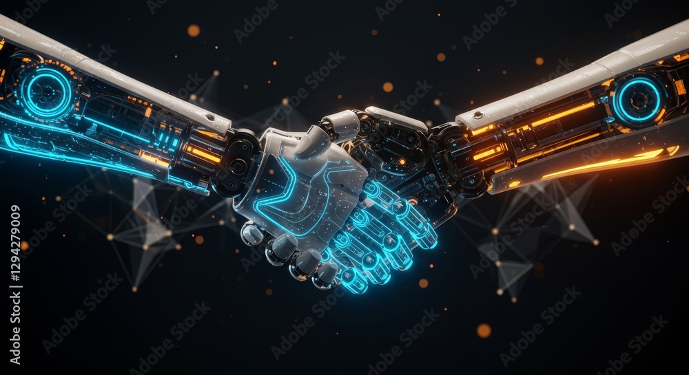 Poster robotic collaboration and partnership - two robotic arms shake hands, symbolizing technological coop