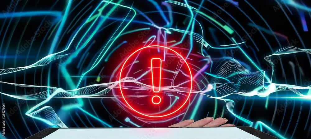 Poster futuristic interface with hand gesture controlling digital hologram display in motion
