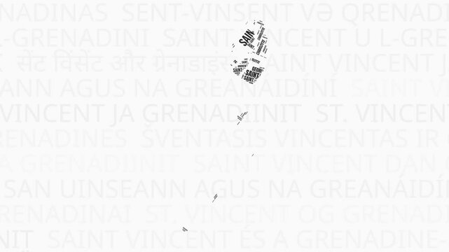 Saint Vincent and the Grenadines intro animation. Country with regions illustration video. Background with country names in various languages. Regions of Saint Vincent and the Grenadines animation.