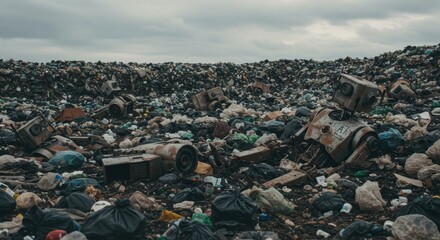 Rusty Robots in a Landfill - Depicts discarded robots amidst a vast landfill, symbolizing technological obsolescence, environmental pollution, resource depletion, future dystopia