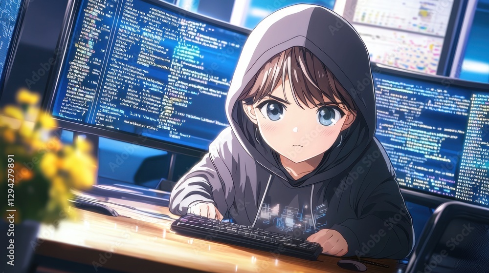 Poster anime inspired girl intently coding on her laptop surrounded by a futuristic digital interface with 