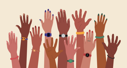 Group of multiracial hands raised up. Cultural diversity, racial equality. Hand drawn vector vector illustration isolated on light background. Modern flat cartoon style.