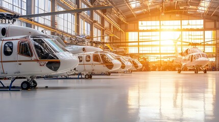 A row of advanced military helicopters precision aligned inside a vast and industrial aviation hangar highlighting modern technology engineering