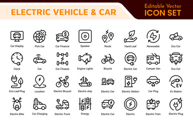 Electric Vehicle and Car Icon Set. A modern collection of icons showcasing electric transportation, perfect for enhancing automotive apps, websites, and sustainability initiatives.