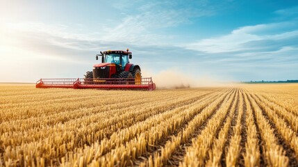 Fototapeta premium Modern Tractor Harvesting Wheat in a Golden Field Under a Bright Blue Sky with Fluffy Clouds