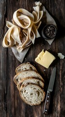 Fototapeta premium rustic sourdough bread slices with pasta dough butter and peppercorns