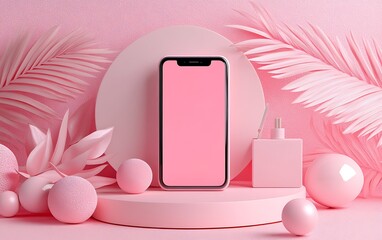 Pink smartphone mockup on podium with palm leaves
