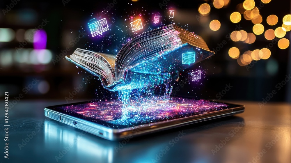 Poster captivating digital book or ebook emerging from a tablet device representing the power of technology