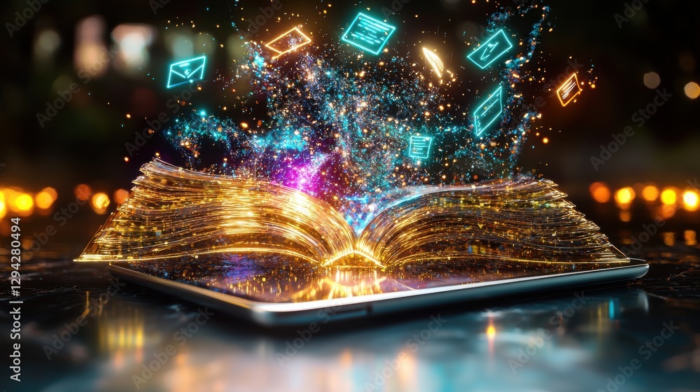 Poster magical glowing book of knowledge and discovery a fantastical image depicting an open book emitting 