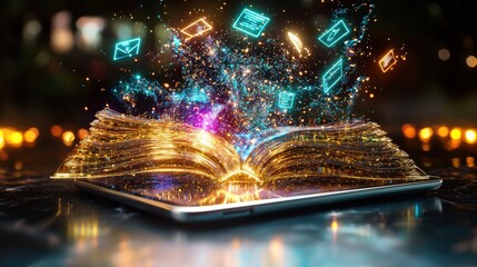 Magical Glowing Book of Knowledge and Discovery   A fantastical image depicting an open book emitting colorful shimmering energy and light symbolizing the power of learning creativity