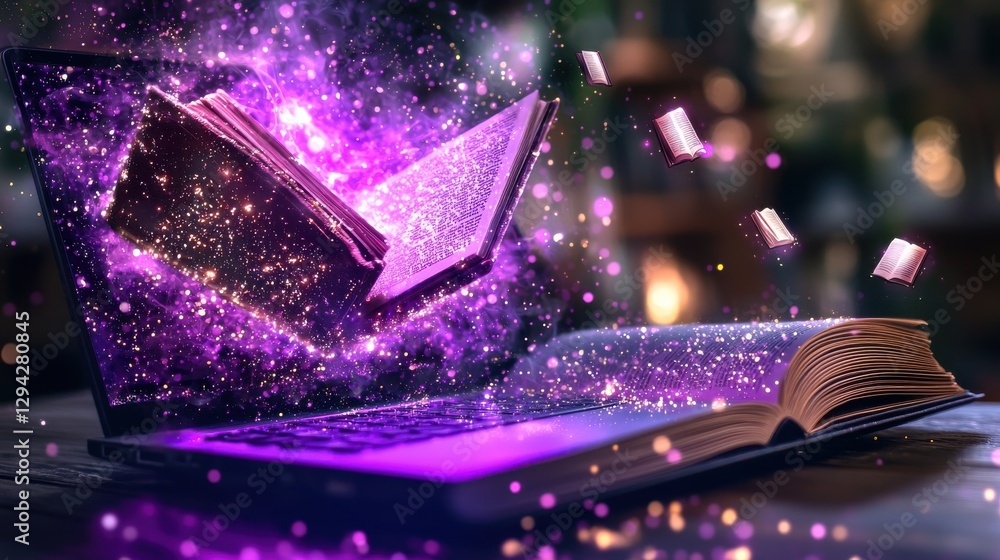 Poster magical open book emitting glowing cosmic light and sparkling energy in a fantasy the power of knowl