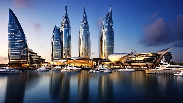 Baku Skyline with Flame Towers and Yachts