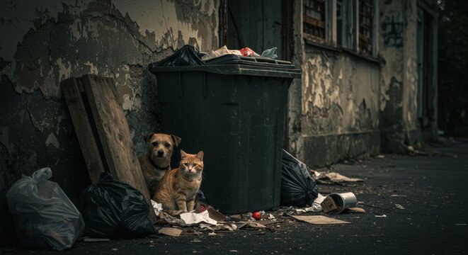 Alleyway Companions: A Dog and Cat Amidst Urban Debris - A poignant of resilience and companionship. A dog and cat find solace amidst discarded trash in a gritty alleyway, symbolizing survival, hope