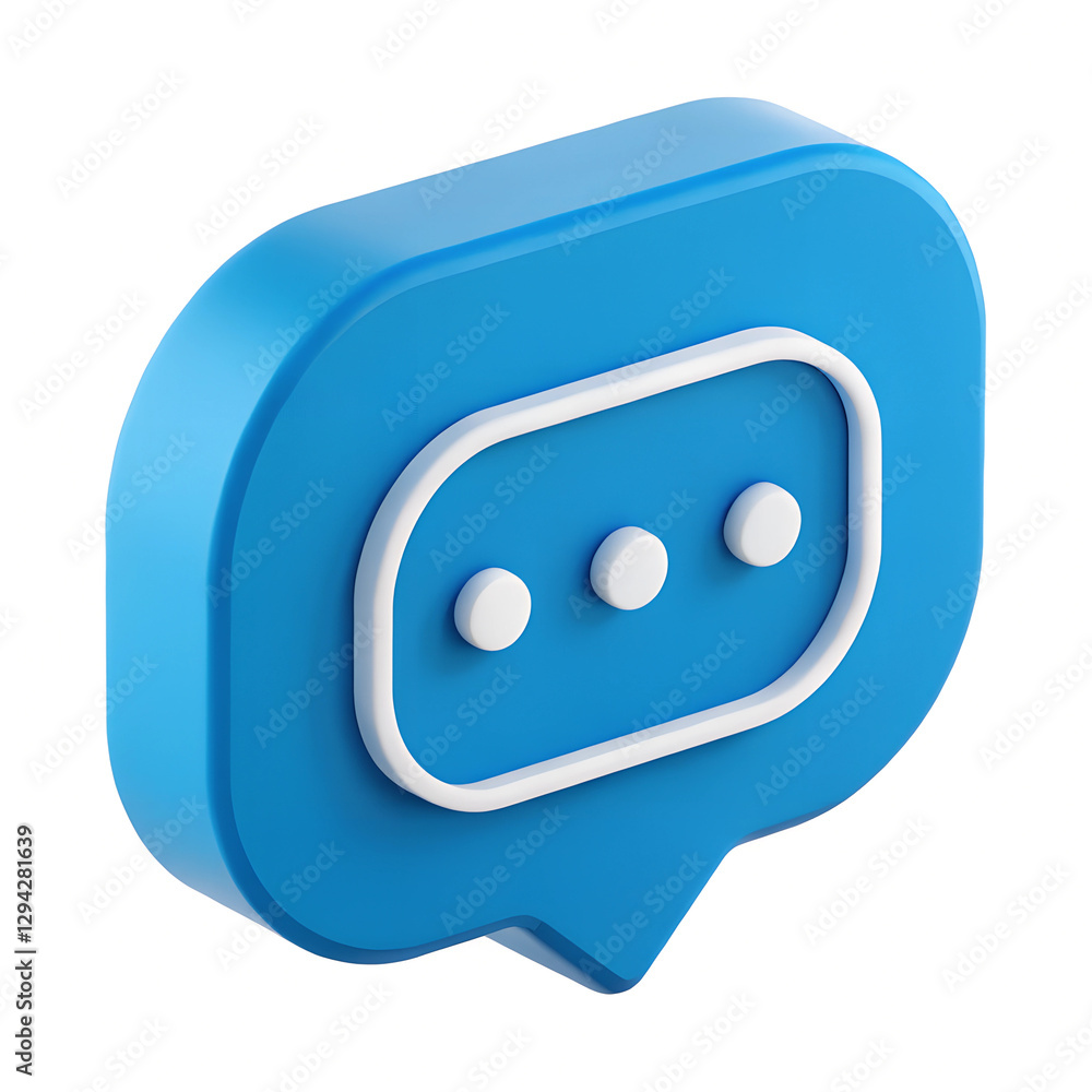 Poster blue speech bubble with three dots suggesting someone is typing a message, isolated on white backgro