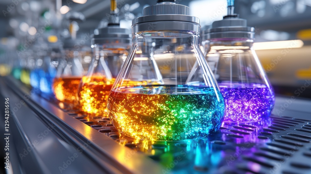 Poster vibrant glowing flasks and test tubes in a futuristic laboratory setup colorful transparent scientif