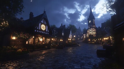 Nighttime medieval European village street scene with illuminated buildings and clock tower. Possible use Stock photo for travel brochures, fantasy games, or historical fiction