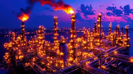 Fototapeta premium Panoramic view of an illuminated petrochemical refinery plant at night with vivid colorful sky reflecting on the industrial landscape