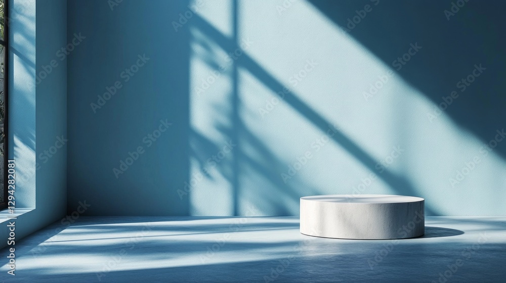 Poster Bright sunlight streams through large windows, illuminating a minimalistic room with soft blue walls. A round white pedestal sits centered, casting delicate shadows on the floor