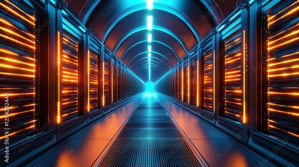 Poster futuristic data center with illuminated server racks and corridor