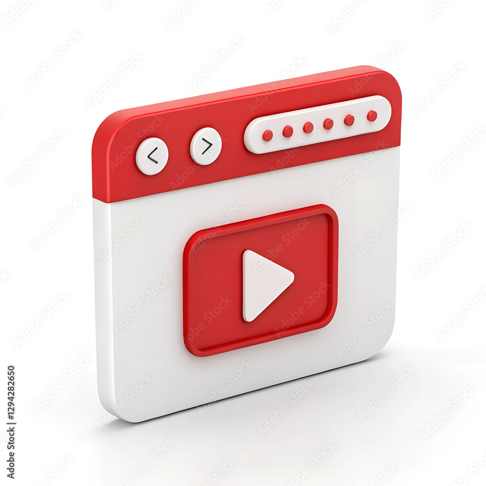 Poster 3d render of a video player screen, highlighting media and playback with stylized red and white colo