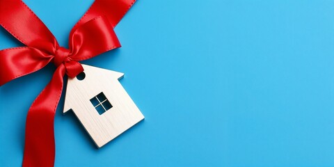 Housewarming Gift with Red Ribbon on Blue Background

