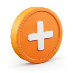 Fototapeta premium 3D Orange round icon with a white plus symbol in the center, standing on a white surface, isolated. Minimal 3D icon render.