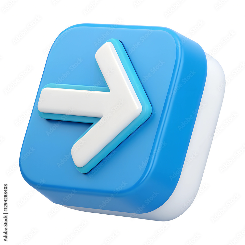 Poster a blue square button with a right-pointing arrow in the center, depicted in a three-dimensional styl