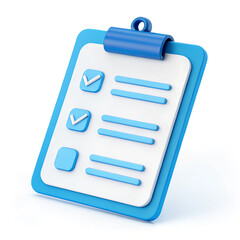 Checklist icon on a blue clipboard with marked items signifying task completion, indicating organization. Minimal 3D icon render.