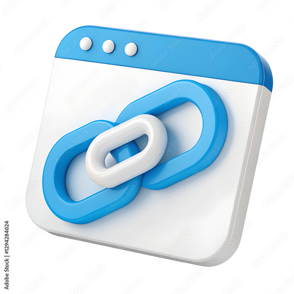 Fototapete A stylized, 3D rendering of a link icon displayed on a white and blue web browser window interface. Minimal 3D icon render.