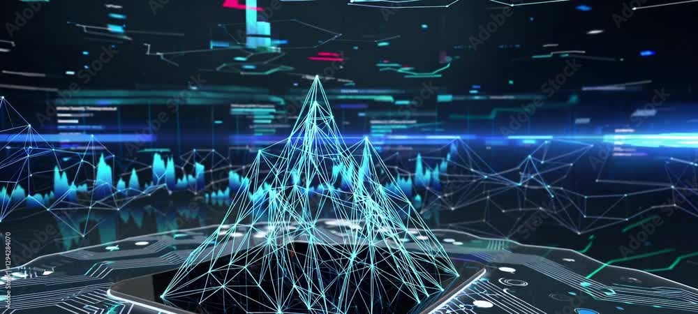Poster dynamic digital data stream: futuristic interface with holographic visuals and evolving graphs