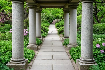 Fototapeta premium Garden path with pillars, spring park landscape usage