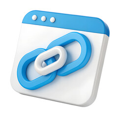 A stylized, 3D rendering of a link icon displayed on a white and blue web browser window interface. Minimal 3D icon render.