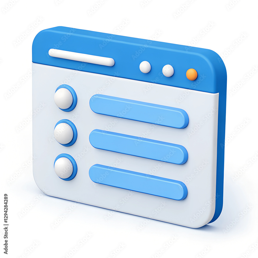 Poster 3d render of a website interface with menu items, window controls and content blocks. blue and white