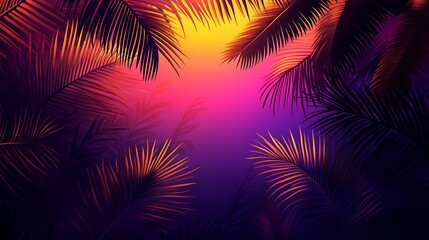 Tropical sunset palm leaves vibrant background; nature digital art; wallpaper
