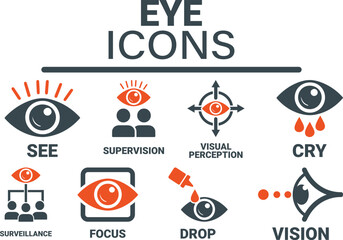 Eye icon set. Containing eyes, see, visible, surveillance, view, vision, witness, looking at, supervision and focus icons. Solid icon collection. Vector