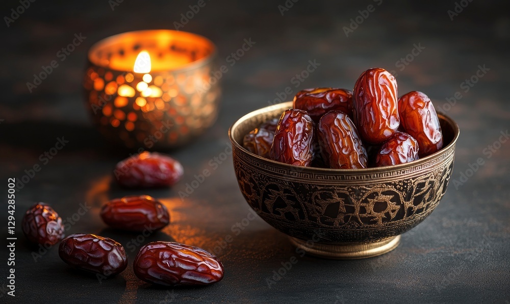 Poster two bowls of dates on a dark background with a burning candle and some dates scattered around, a ram