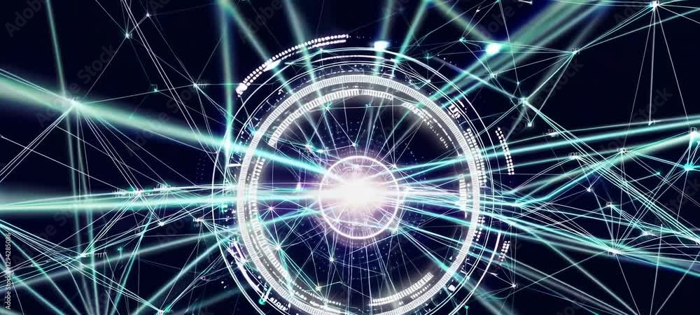 Poster futuristic circular interface with dynamic neon lines and digital patterns