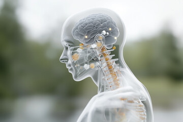 glowing human silhouette with transparent head, showcasing brain and spinal cord, highlighting nervous system and its connections. image evokes sense of wonder about human anatomy and health