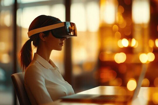 A woman wearing a VR headset, immersed in a virtual experience, sits at a table with a laptop.